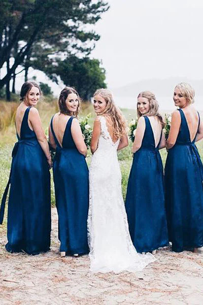 Robe de demoiselle d'honneur bleu roi à col en V et longueur au sol/Robes formelles pour femmes